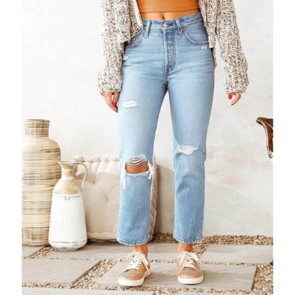 Levi's Womens 32 501 Cropped Distressed Medium Wash Jeans - Picture 1 of 15